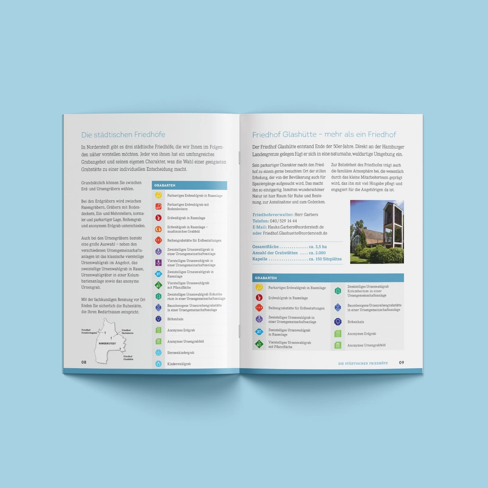 Aufgeschlagener Katalog der Stadt Norderstedt Friedhoefe