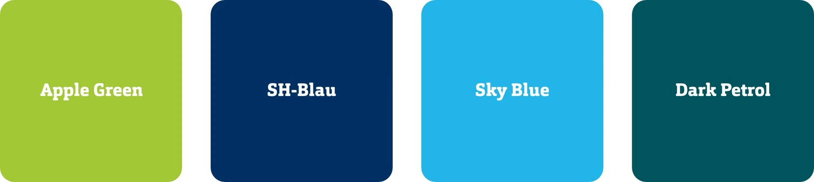 hochzwei_kielregion-handbuecher_teaser_09.jpg Vier verwendete Farben mit den Namen Apple Green, SH-Blau, Sky Blue und Dark Petrol.