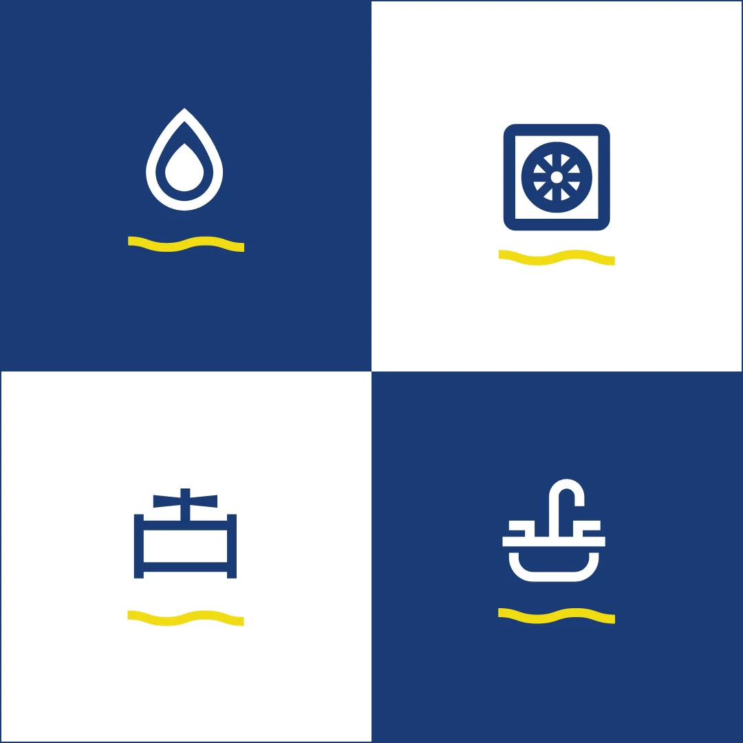 Vier Icons auf blauem und weißem Hintergrund die jeweils ein Wasserstropfen, eine Lüftungsanlase und zwei Waschbecken anzeigen