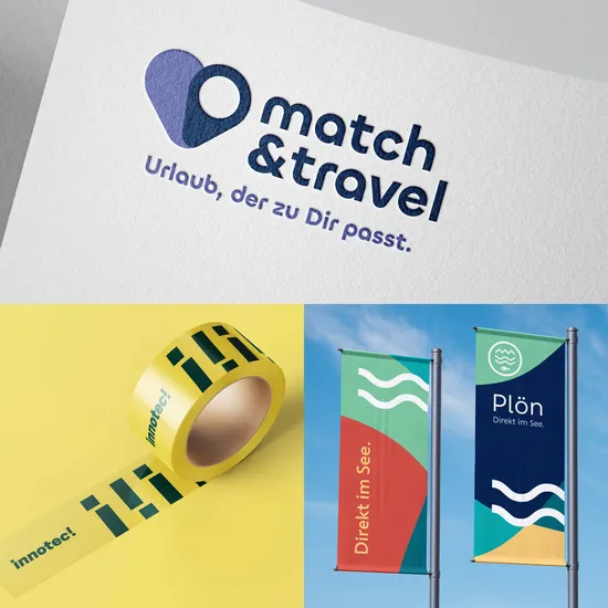 Quadratische Collage: match&travel Logo Briefpapier, Flaggen mit Plön-Logo und innotec-Klebeband