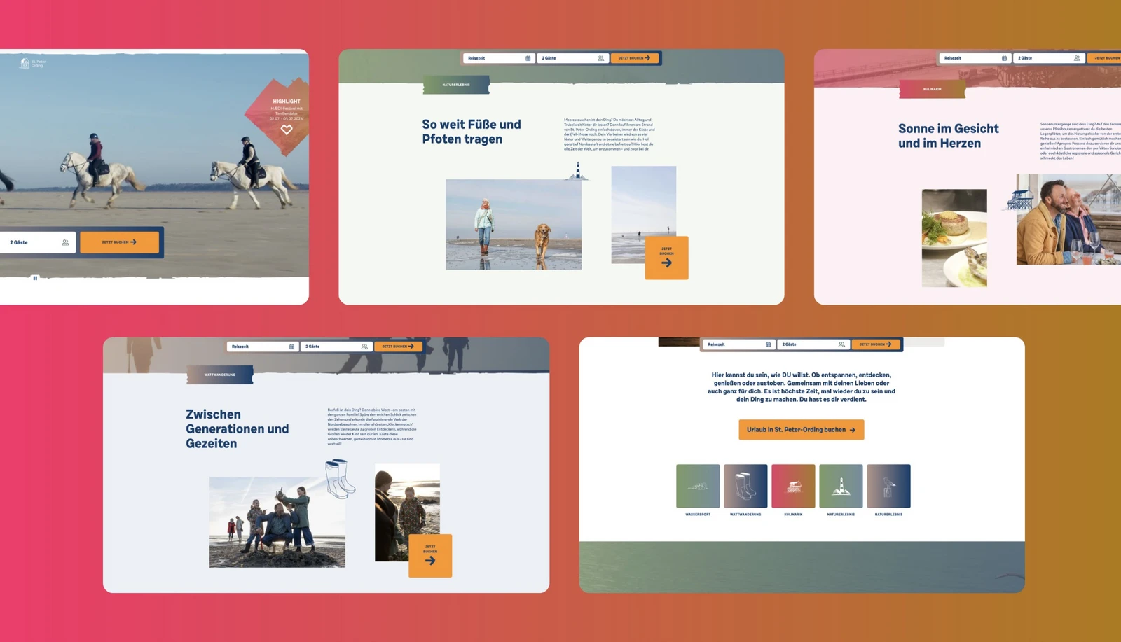 Fünf Screenshots der Desktopansicht der Webseite
