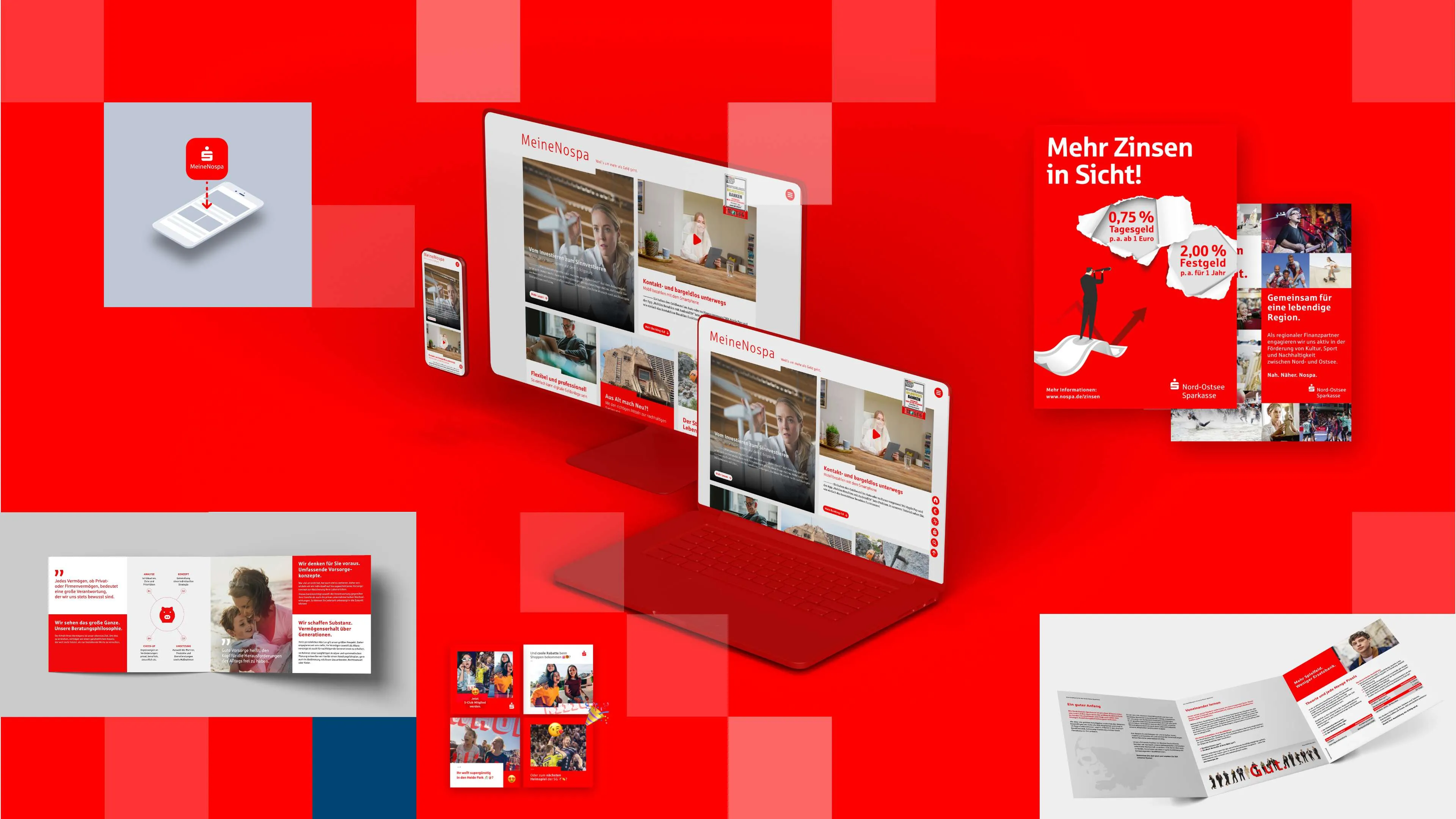 Rote Collage mit für die nospa gestalten Flyer, Webseite und Plakaten