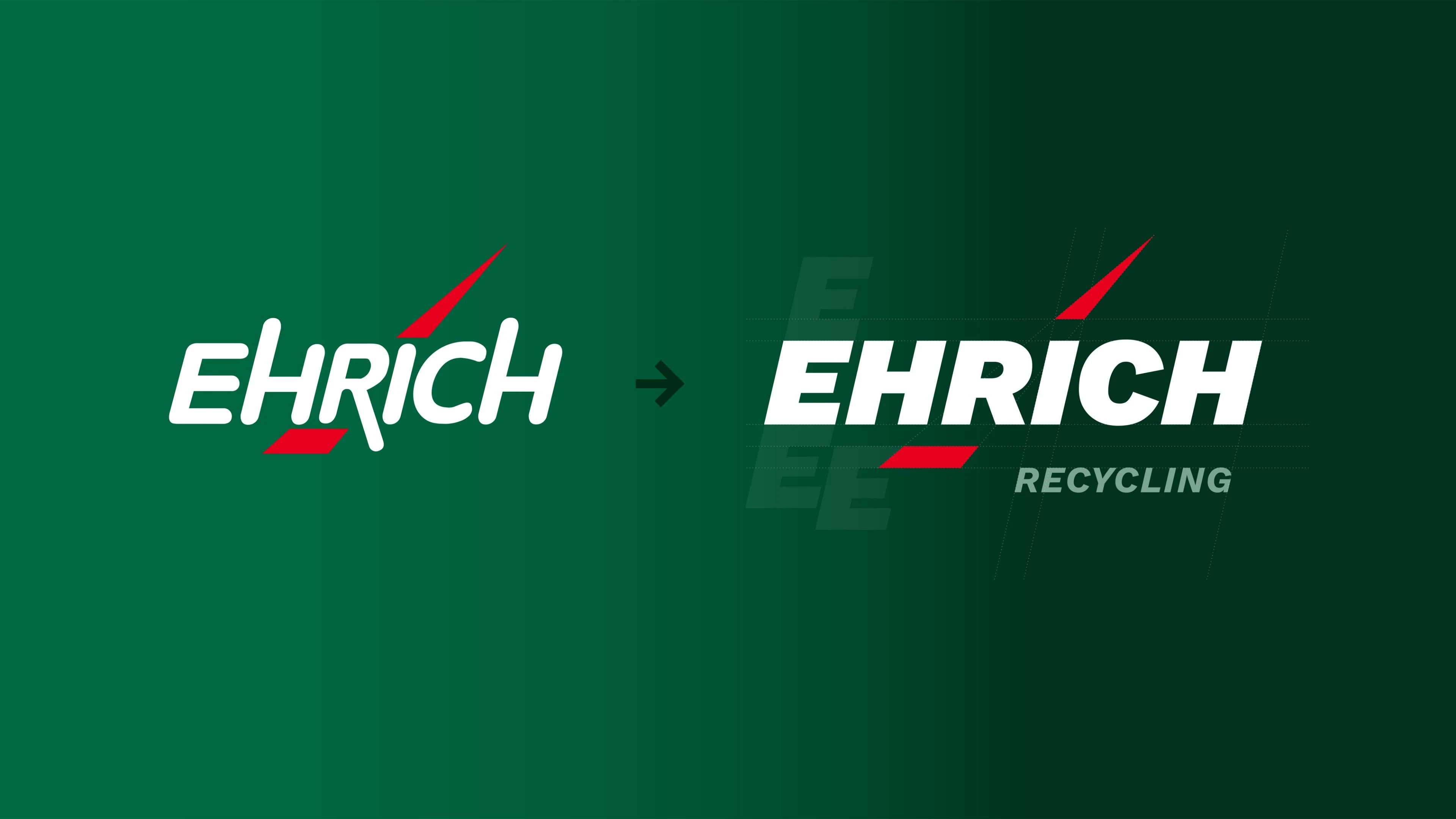 Erneuerung des Ehrich Logos visualisiert. Die Schrift wurde klarer und weniger verspielt als dicke Blockschrift. Zudem wurde das Wort Recycling unter dem Namen ergänzt.