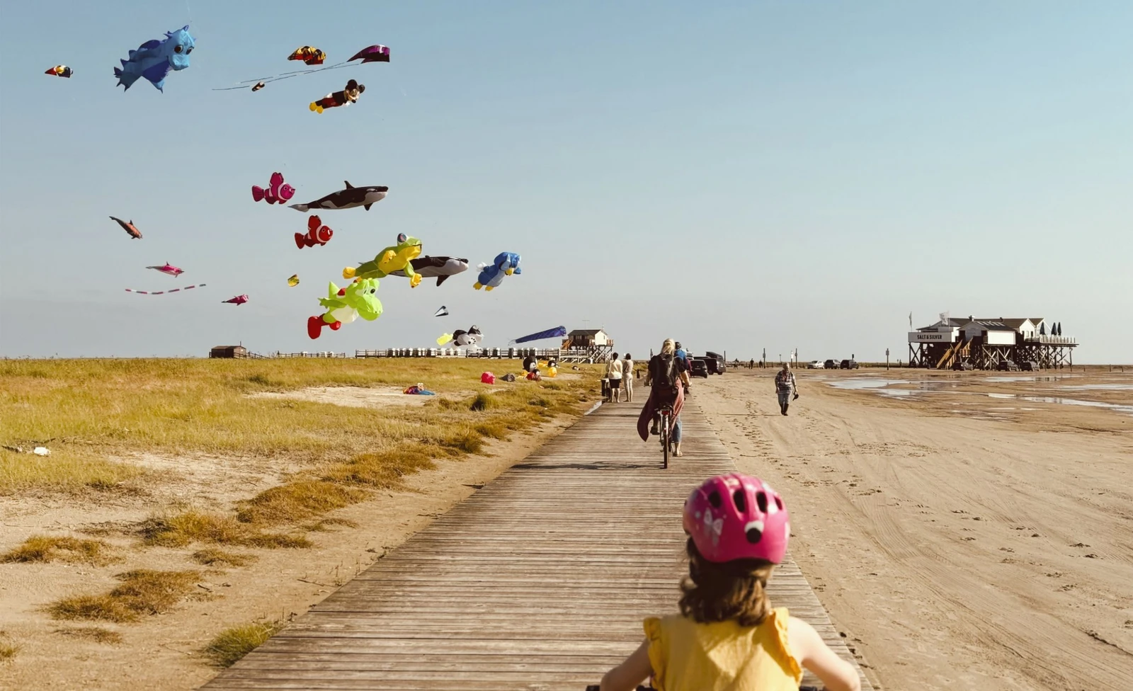 Viele bunte Lenkdrachen in Tierformen steigen am Strand von Büsum
