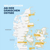 Landkarte der dänischen Ostseeküste mit gelben Standorten