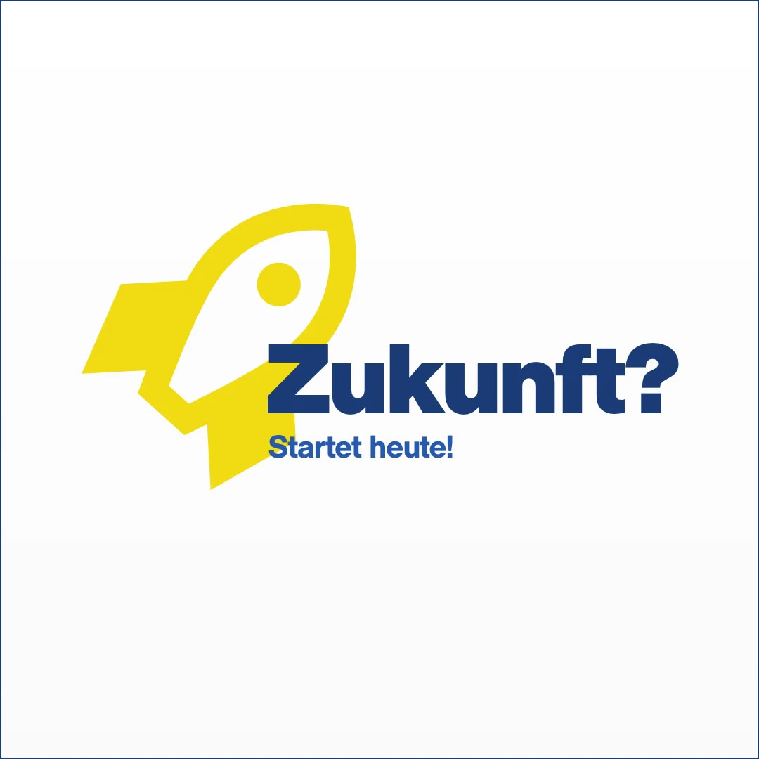 Ein weißer Hintergrund mit einer gelben Rakete und der Aufschrift Zukunft startet hier