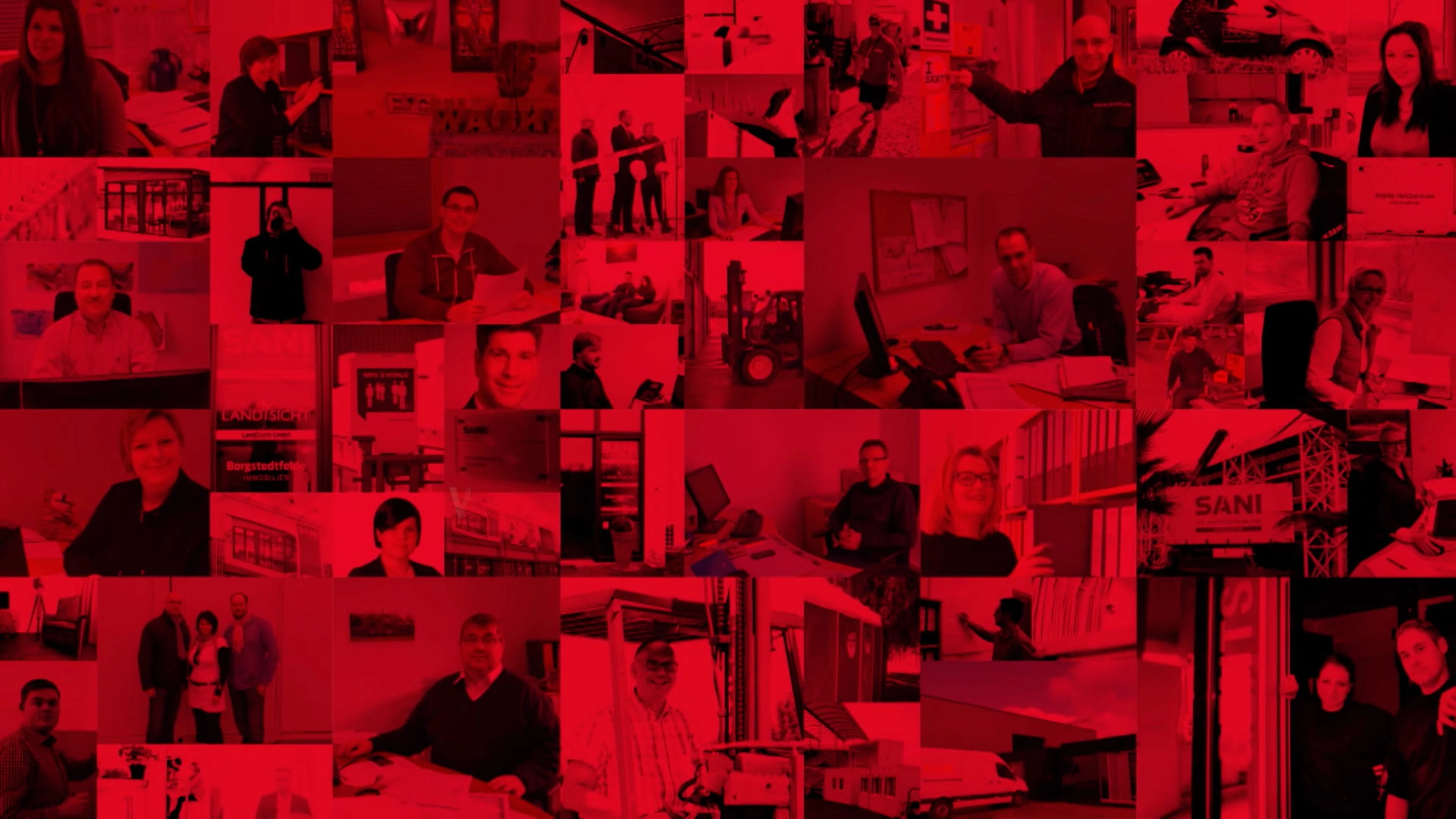 Collage sehr vieler Personen mit rotem Overlay