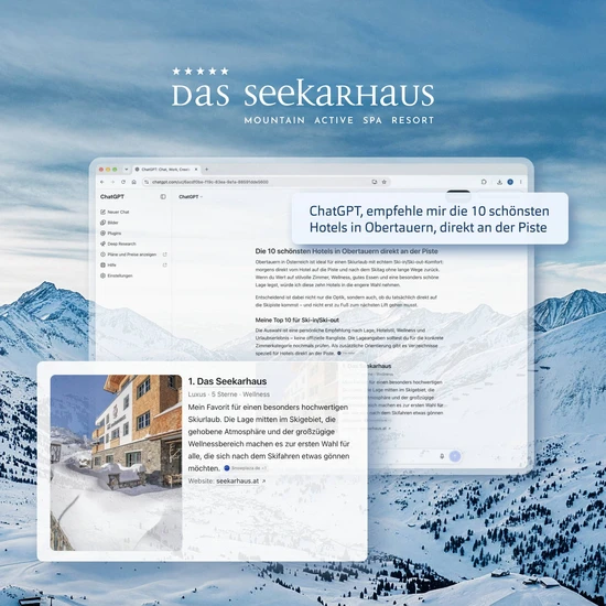 Screenshot einer Chat GPT Konversation mit der Empfehlung für das Hotel Das Seekarhaus