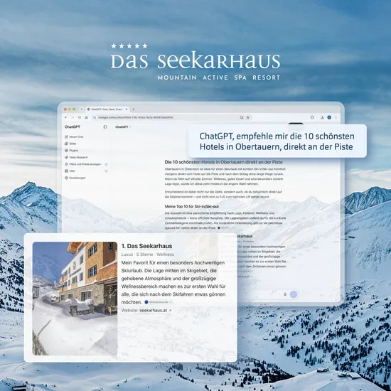Screenshot einer Chat GPT Konversation mit der Empfehlung für das Hotel Das Seekarhaus