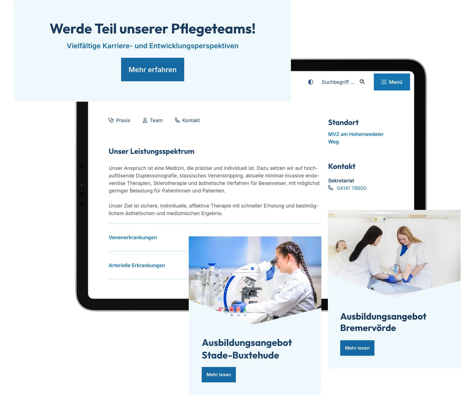 h2_elbek_teaser_06.jpg Ein Tablet mit der Webseite der Elbe Kliniken mit mehreren vergrößerten Ausschnitten.