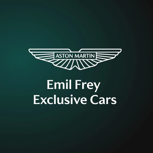 Emil Frey Exclusive Cars Logo in weiß auf dunkelgrünem Hintergrund