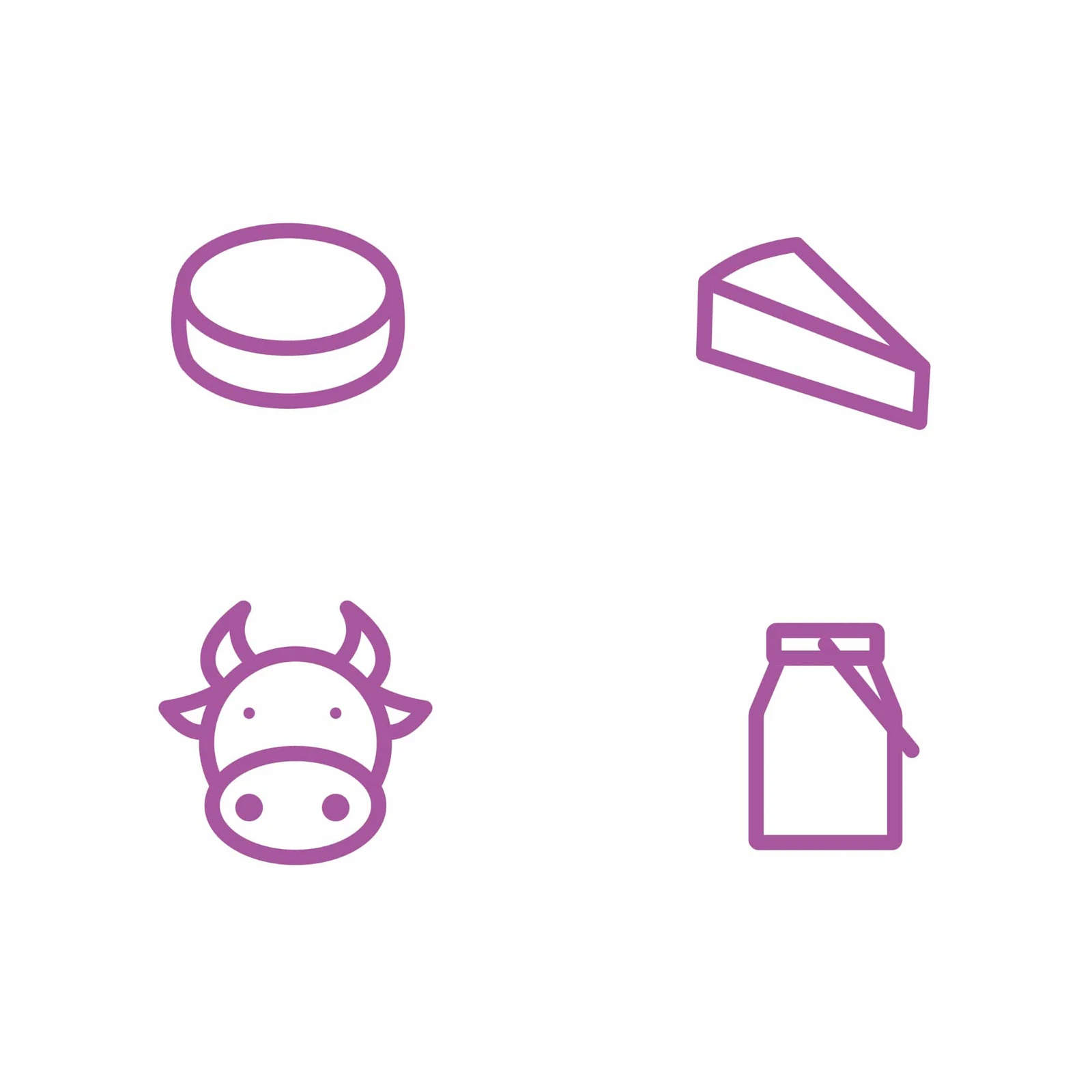 hochzwei_roba_teaser_09.jpg Vier minimalistische lila Icons für runden Käse, Käsedreieck, Kuh und Milch