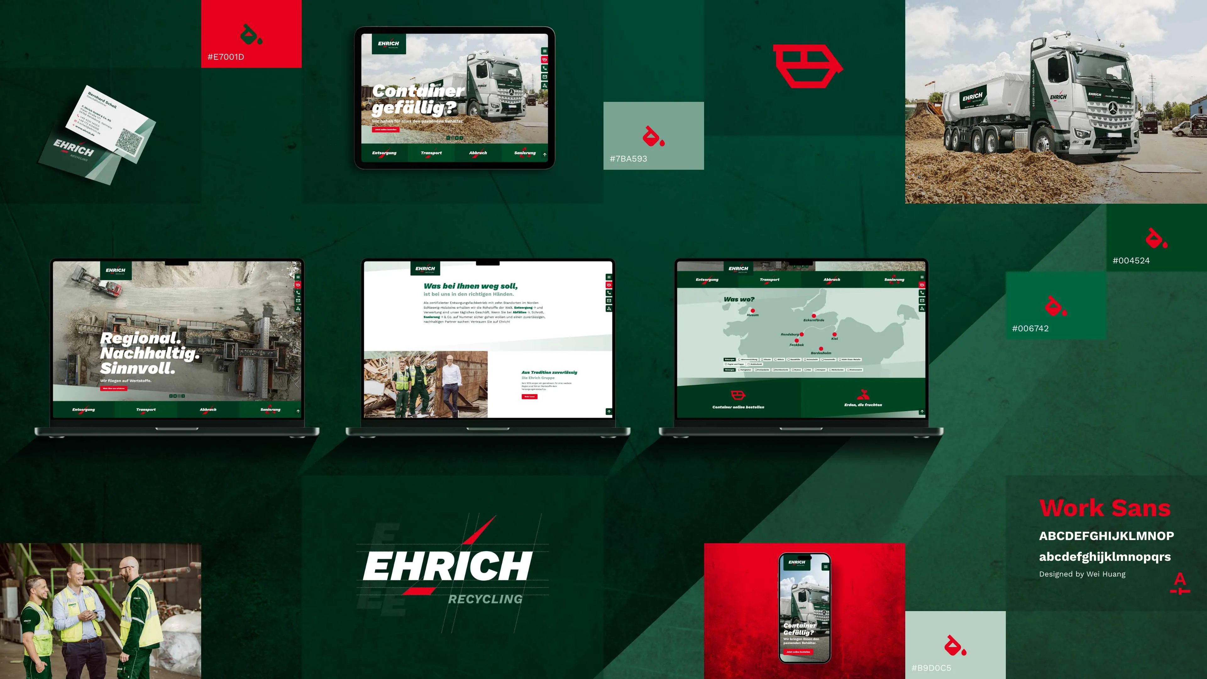 Collage auf dunkelgrünem Grund mit verschiedenen Webansichten, Icons und Lkw-Bildern von Ehrich