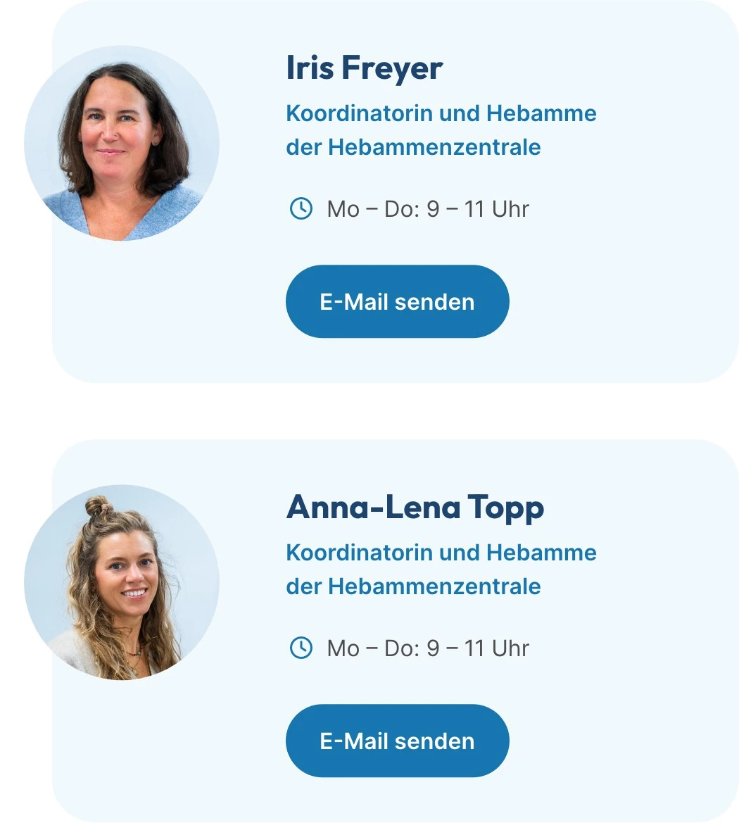 Screenshot von zwei Ansprechpartnerinnen Kontaktfeldern