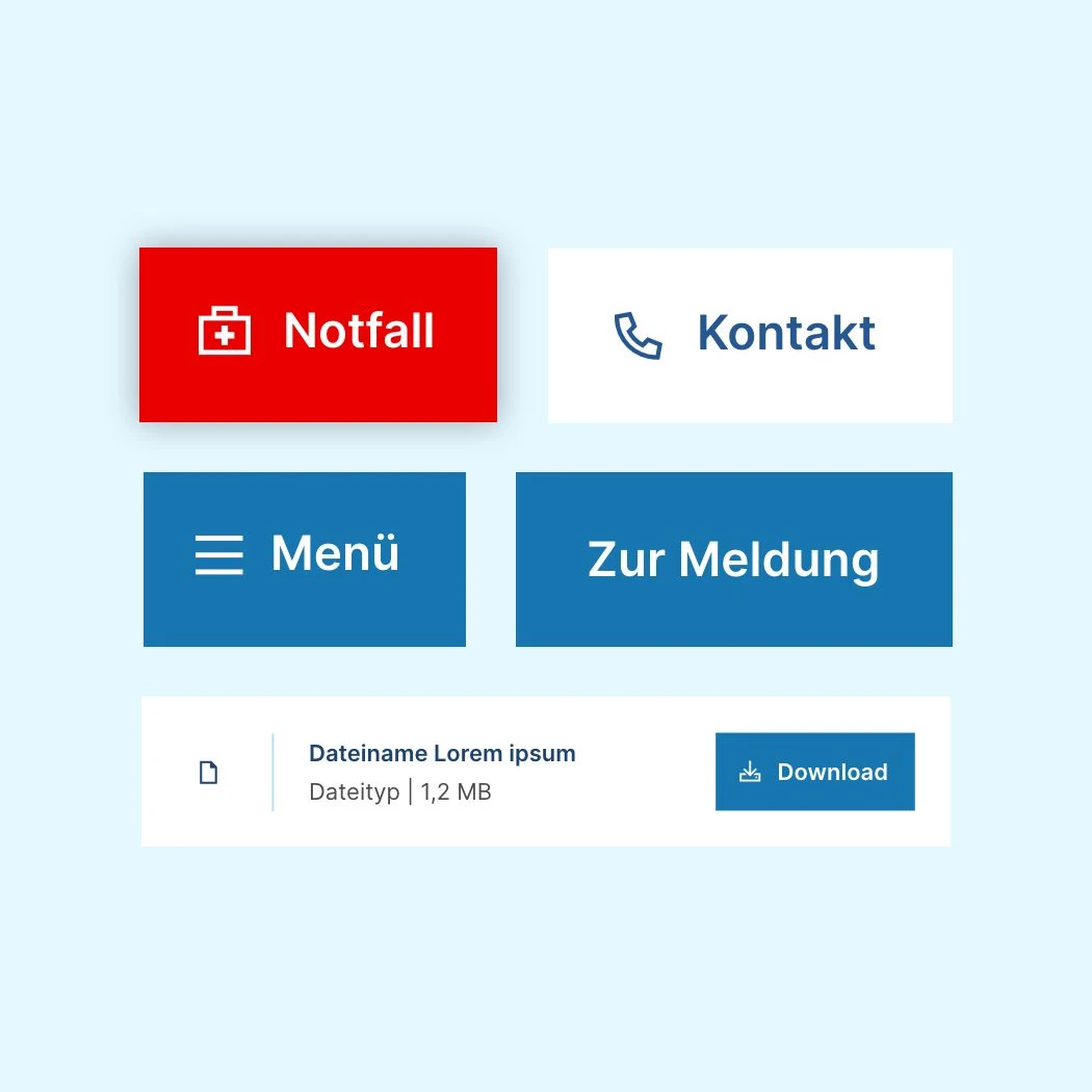 h2_elbek_teaser_04.jpg Beispiele der Buttons der Webseite in rot, weiß und blau.