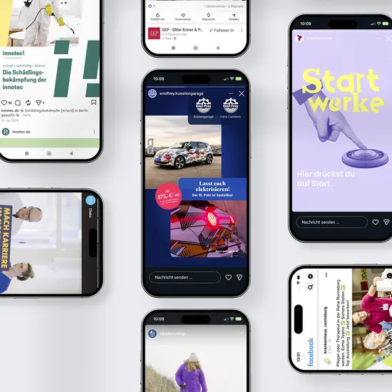 Collage mehrerer Smartphones mit verschiedenen Gestaltungen von HOCHZWEI: Emil Frey, Stadtwerke SH, innotec im quadratischen Zuschnitt