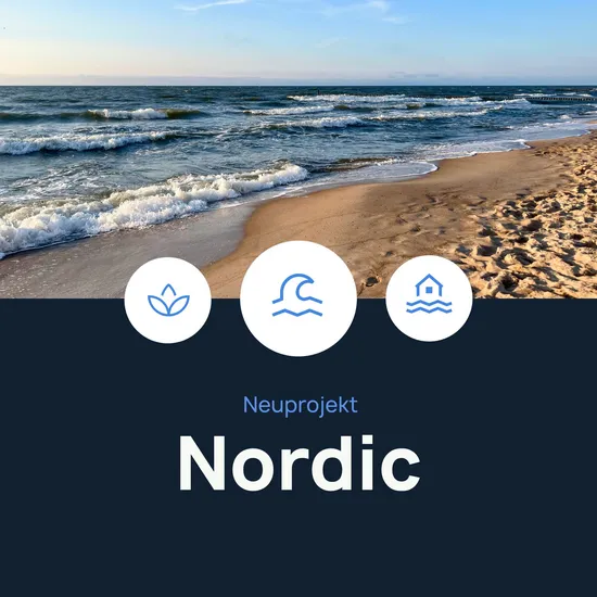 Foto des Meeres und des Strandes mit den Icons einer Pflanze, einer Welle und eines Hauses in der Mitte des Bildes. Darunter steht Neuprojekt Nordic.
