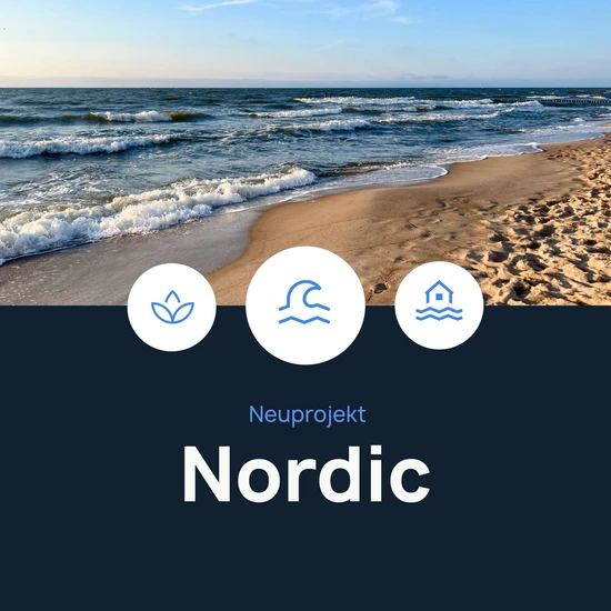 Begeisterungswellen garantiert Foto des Meeres und des Strandes mit den Icons einer Pflanze, einer Welle und eines Hauses in der Mitte des Bildes. Darunter steht Neuprojekt Nordic.