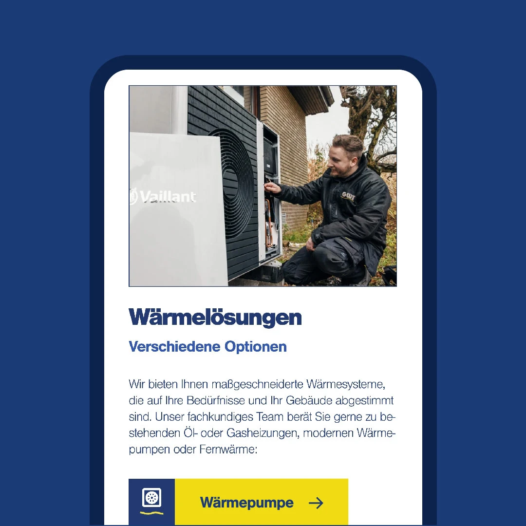 Die mobile Ansicht der GWT Seite mit der Aufschrift Wärmeanlagen und einem Bild von einem Handwerker
