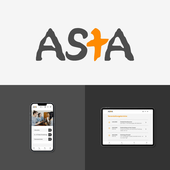 Asta Logo sowie Einblicke in neue Website auf Smartphone und Tablet