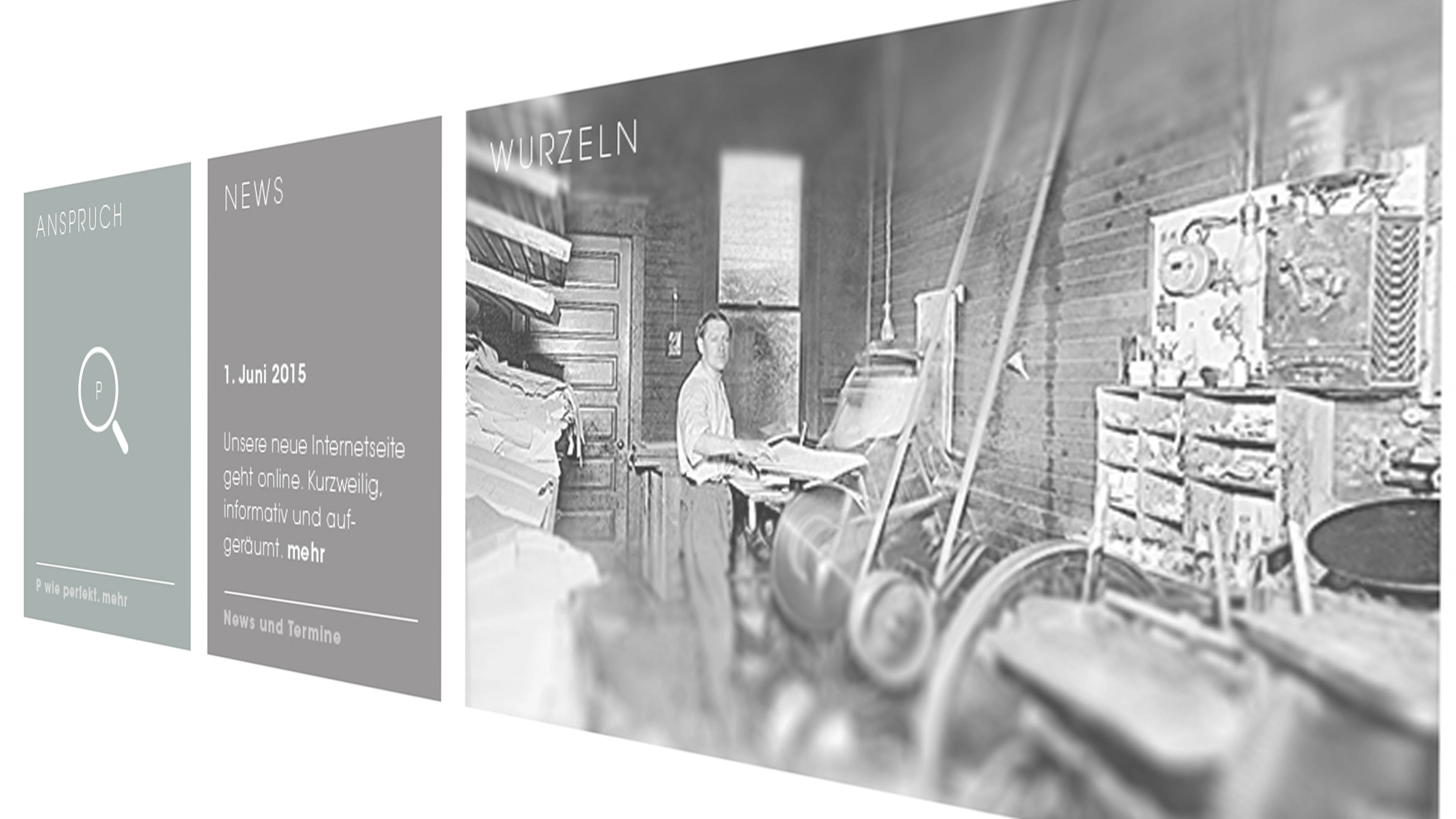 Graue Teaserkacheln "Anspruch, News, Wurzeln"
