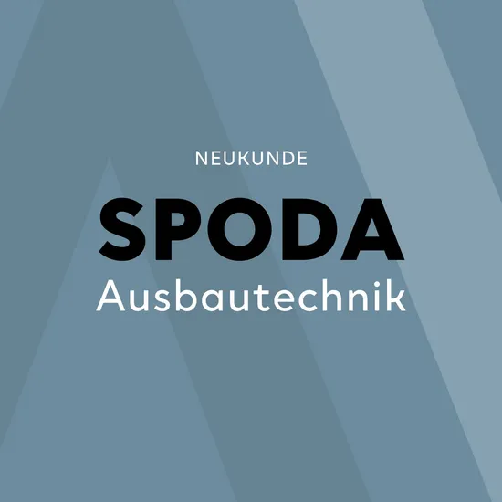 Ein grauer Hintergrund mit streifen, davor eine dunkle Aufschrift: Spoda, Ausbautechnik