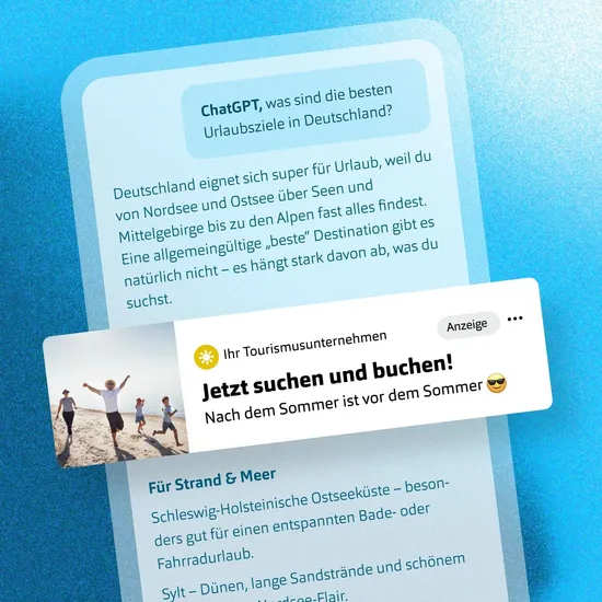 Grafik eines fiktiven ChatGPT Verlaufs über deutsche Urlaubsdestinationen mit einer Anzeige für einen Reiseveranstalter in der Mitte