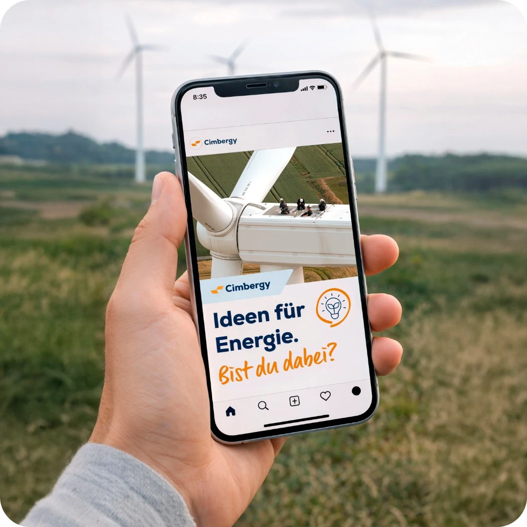 Eine Person hält ein Smartphone mit der Cimbergy Webseite. Im Hintergrund sieht man einen Windpark.