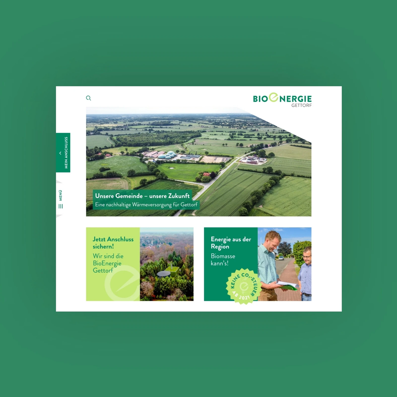 Screenshot der Bioenergie Gettorf Website vor dunkelgrünem Hintergrund