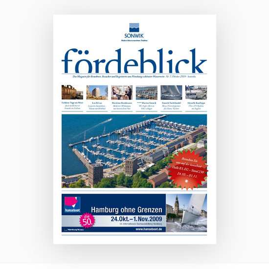 Das Fördeblick Magazin mit dem Bootshafen auf dem Cover